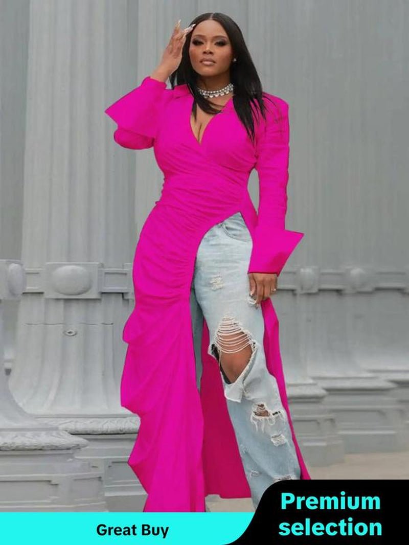 Women'S Plain Ruched Split Hem V Neck Long Blouse, Fashion Casual Asymmetrical Hem Long Sleeve Collared Top for Daily Outdoor Wear, Women Clothing for Fall & Winter, Going Out Tops, Fall Clothing Women, Blouse for Women, Fashion Blouse - Bela Fils BoutiqueBela Fils Boutique